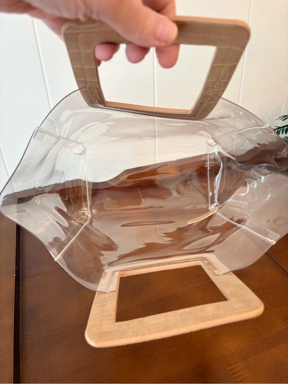 Clear PVC Tote with Tan Square Handles Modern & Easy to Style Structured Light